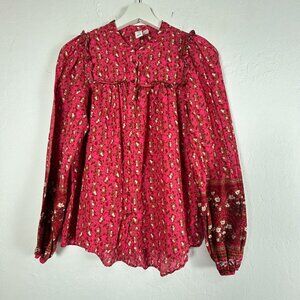 Joie Womens Floral Long Sleeve Button Up Ruffle Blouse Top Small Pink Red Cotton